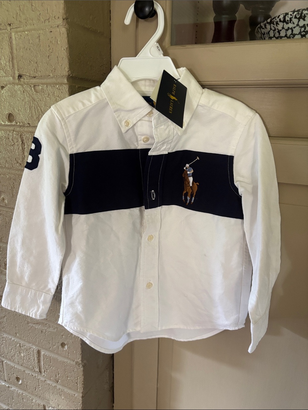 Polo by Ralph Lauren White Shirt with Navy Chest Stripe & Polo Player